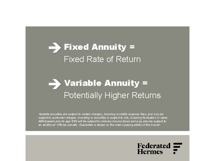 Fixed Annuity = Fixed Rate of Return Variable Annuity = Potentially Higher Returns Variable