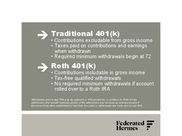 Traditional 401(k) • Contributions excludable from gross income • Taxes paid on contributions and