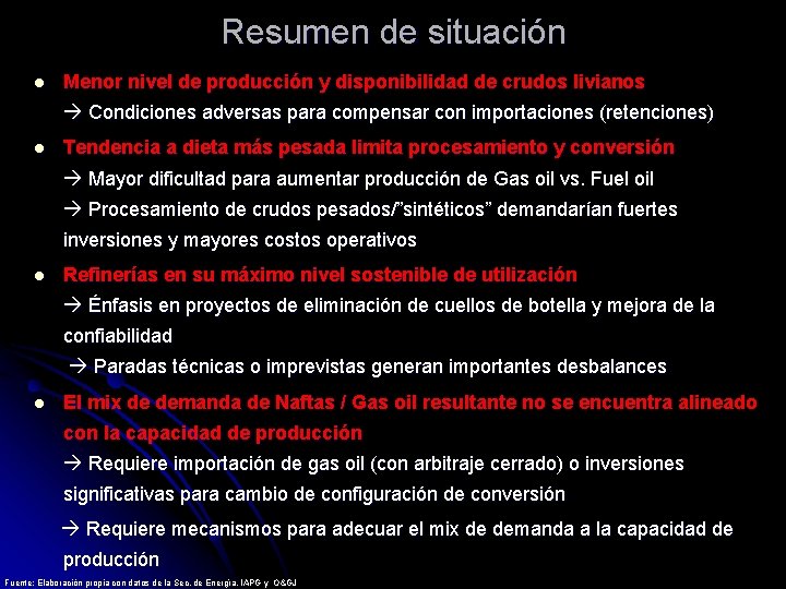 Resumen de situación l Menor nivel de producción y disponibilidad de crudos livianos Condiciones Resumen de situación l Menor nivel de producción y disponibilidad de crudos livianos Condiciones