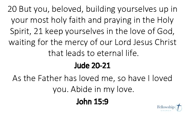 20 But you, beloved, building yourselves up in your most holy faith and praying 20 But you, beloved, building yourselves up in your most holy faith and praying