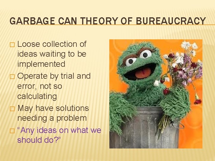 GARBAGE CAN THEORY OF BUREAUCRACY Loose collection of ideas waiting to be implemented �