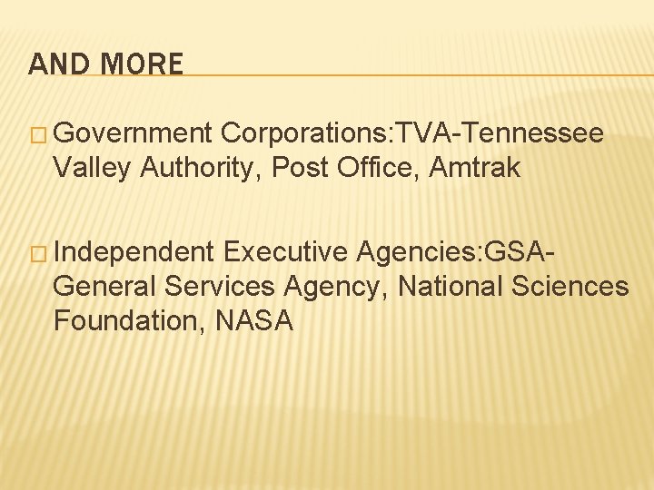 AND MORE � Government Corporations: TVA-Tennessee Valley Authority, Post Office, Amtrak � Independent Executive