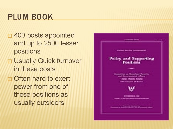 PLUM BOOK 400 posts appointed and up to 2500 lesser positions � Usually Quick