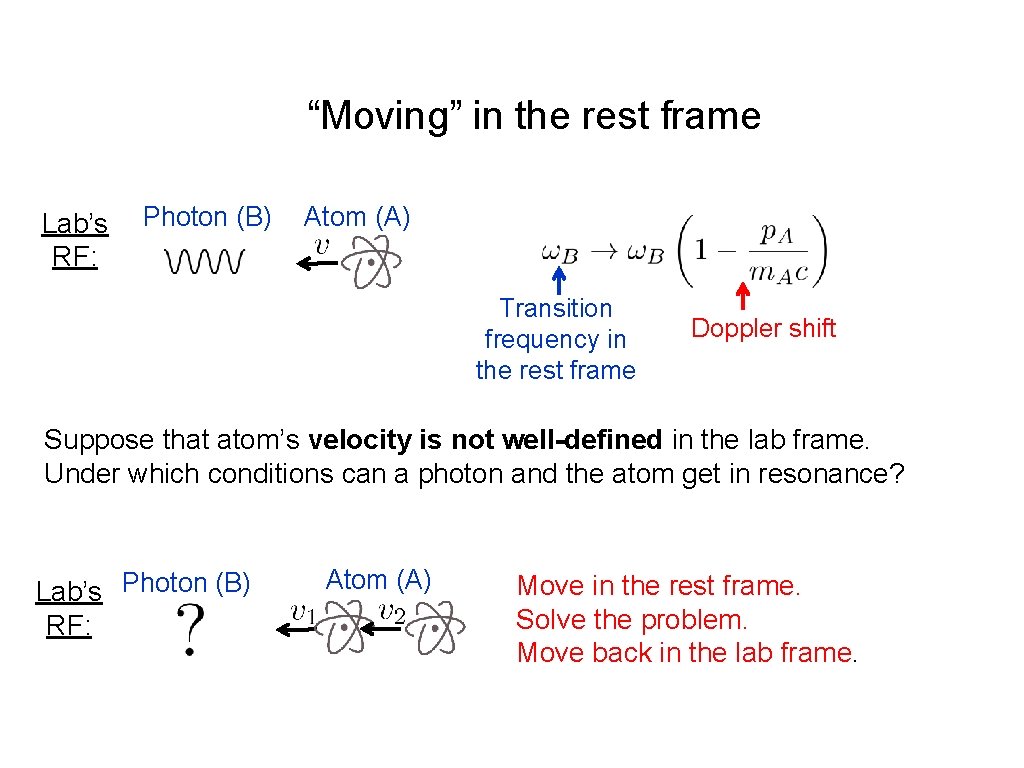 “Moving” in the rest frame Lab’s RF: Photon (B) Atom (A) Transition frequency in