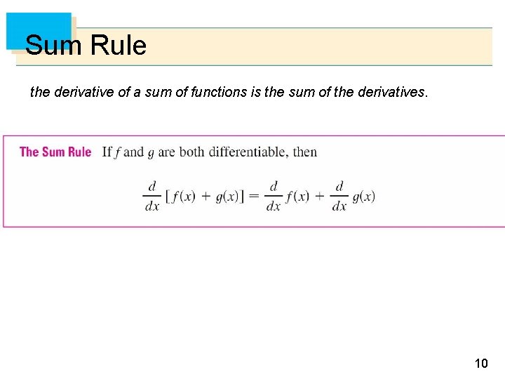 Sum Rule the derivative of a sum of functions is the sum of the