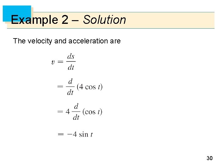 Example 2 – Solution The velocity and acceleration are 30 