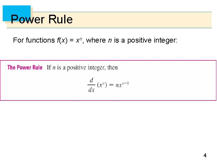 Power Rule For functions f (x) = xn, where n is a positive integer: