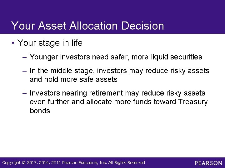 Your Asset Allocation Decision • Your stage in life – Younger investors need safer,