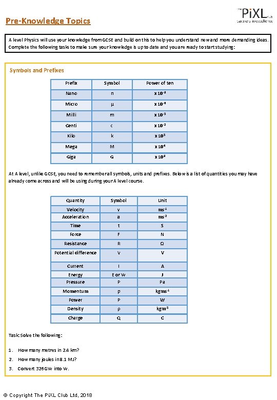 Pre-Knowledge Topics A level Physics will use your knowledge from GCSE and build on Pre-Knowledge Topics A level Physics will use your knowledge from GCSE and build on