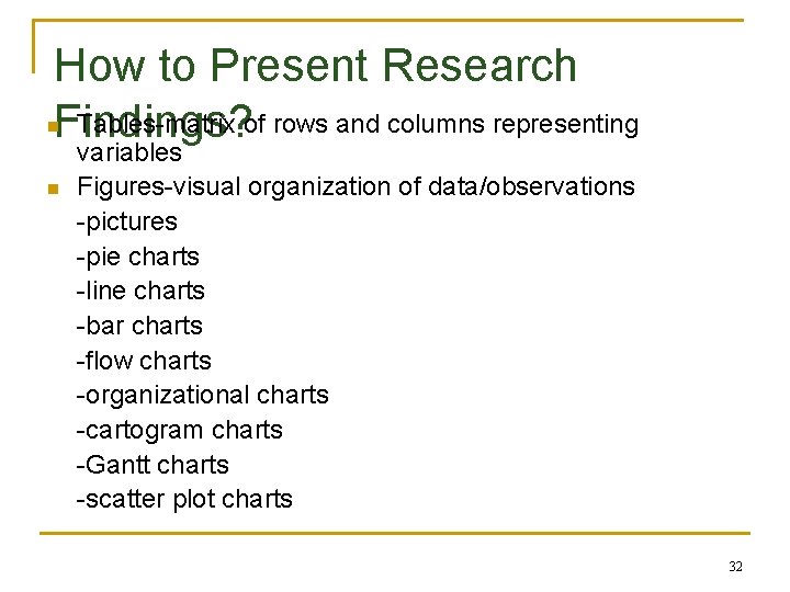 How to Present Research Tables-matrix of rows and columns representing Findings? n n variables