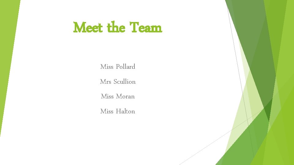 Meet the Team Miss Pollard Mrs Scullion Miss Moran Miss Halton Meet the Team Miss Pollard Mrs Scullion Miss Moran Miss Halton