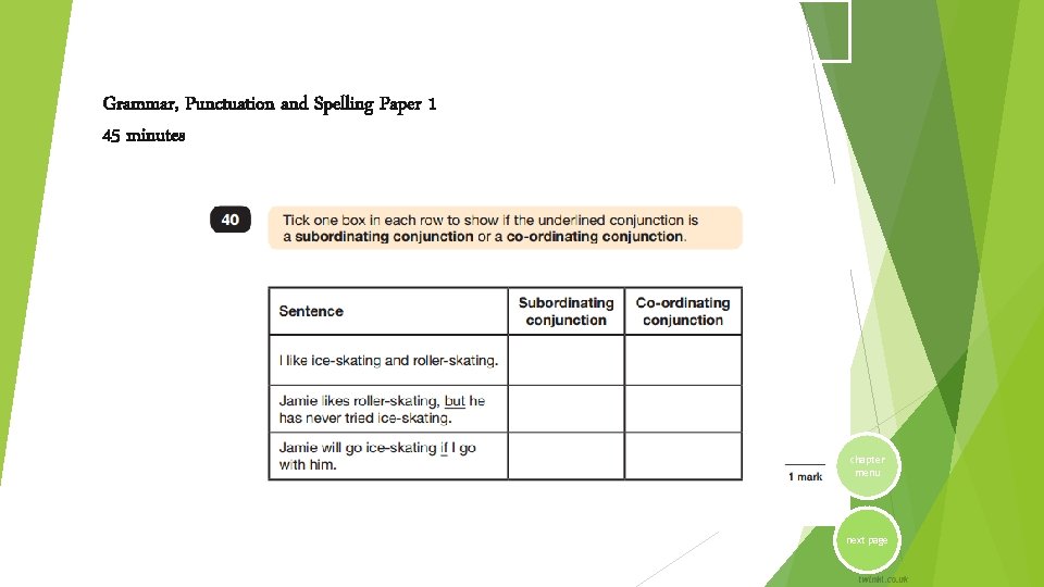 Sample Questions Grammar, Punctuation and Spelling Paper 1 45 minutes chapter menu next page Sample Questions Grammar, Punctuation and Spelling Paper 1 45 minutes chapter menu next page