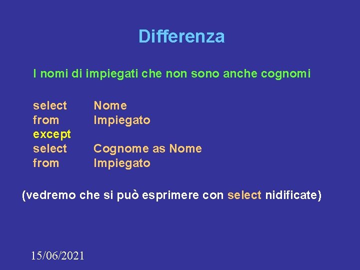 Differenza I nomi di impiegati che non sono anche cognomi select from except select