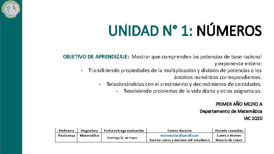 UNIDAD N° 1: NÚMEROS OBJETIVO DE APRENDIZAJE: Mostrar que comprenden las potencias de base