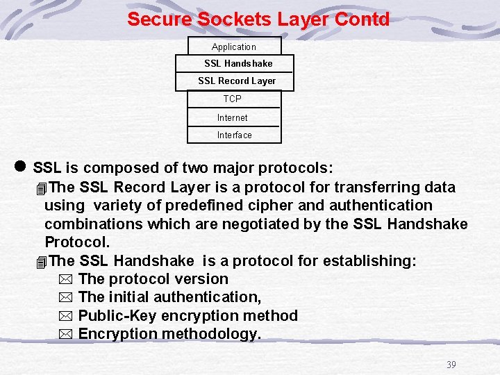 Secure Sockets Layer Contd Application SSL Handshake SSL Record Layer TCP Internet Interface l