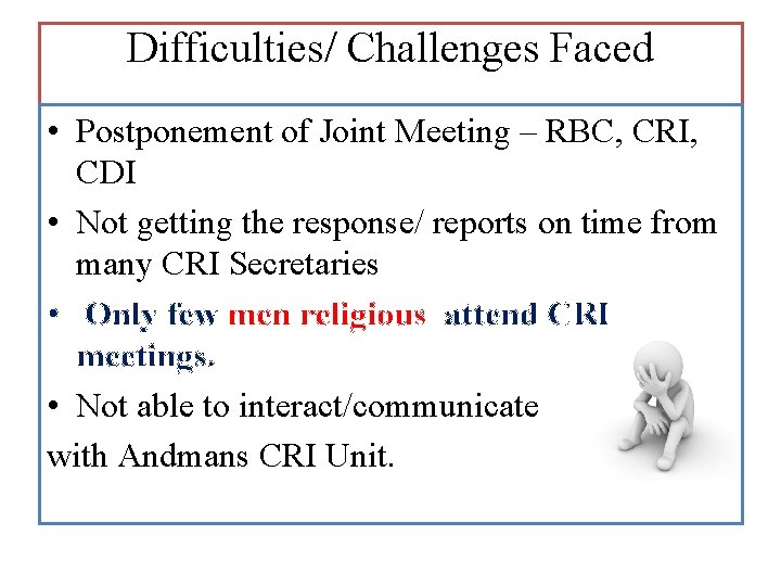 Difficulties/ Challenges Faced • Postponement of Joint Meeting – RBC, CRI, CDI • Not