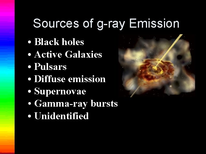 Sources of g-ray Emission • Black holes • Active Galaxies • Pulsars • Diffuse