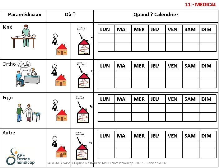 11 - MEDICAL PParamédicaux Où ? Quand ? Calendrier Kiné LUN MA MER JEU