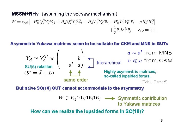 MSSM+RHν (assuming the seesaw mechanism) Asymmetric Yukawa matrices seem to be suitable for CKM