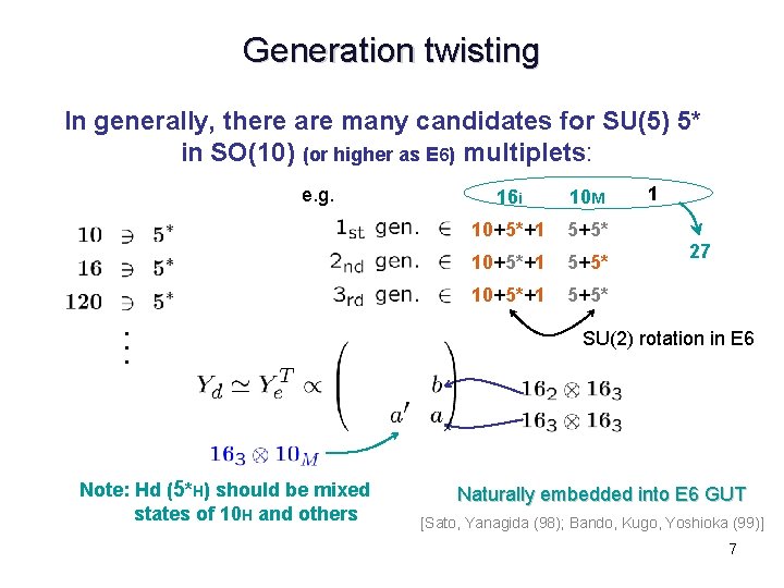 Generation twisting In generally, there are many candidates for SU(5) 5* in SO(10) (or