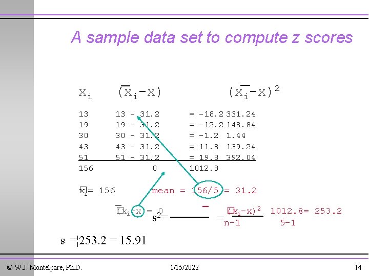 A sample data set to compute z scores xi (xi-x) 13 19 30 43