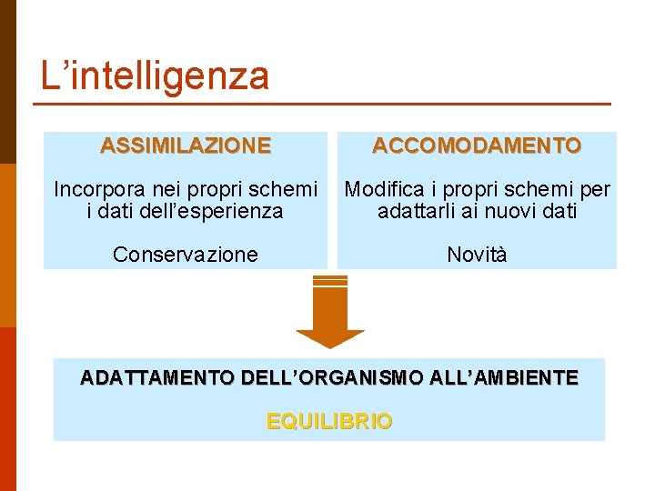 L’intelligenza ASSIMILAZIONE ACCOMODAMENTO Incorpora nei propri schemi i dati dell’esperienza Modifica i propri schemi