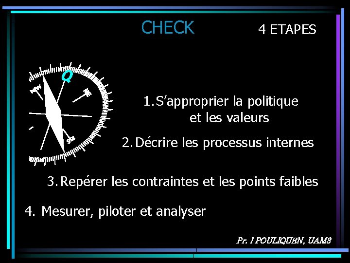 CHECK 4 ETAPES Q 1. S’approprier la politique et les valeurs 2. Décrire les