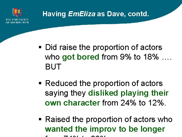 Having Em. Eliza as Dave, contd. § Did raise the proportion of actors who