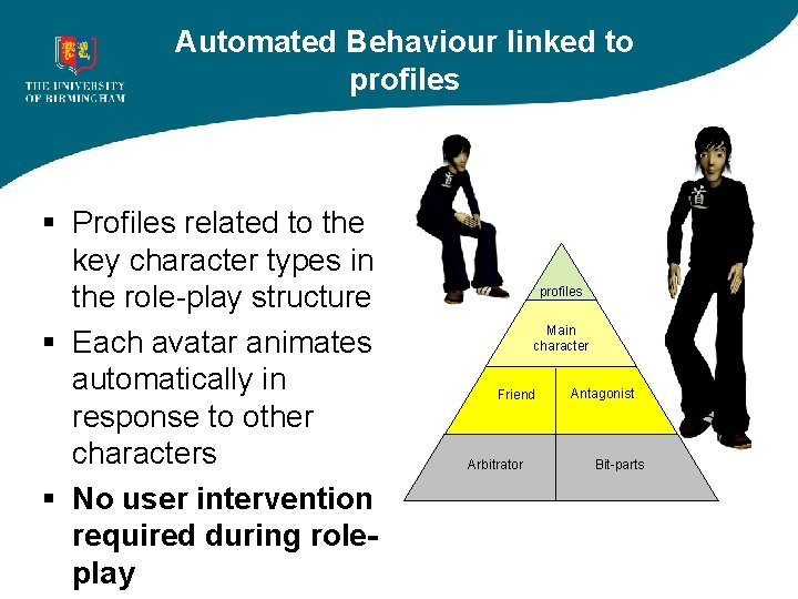 Automated Behaviour linked to profiles § Profiles related to the key character types in
