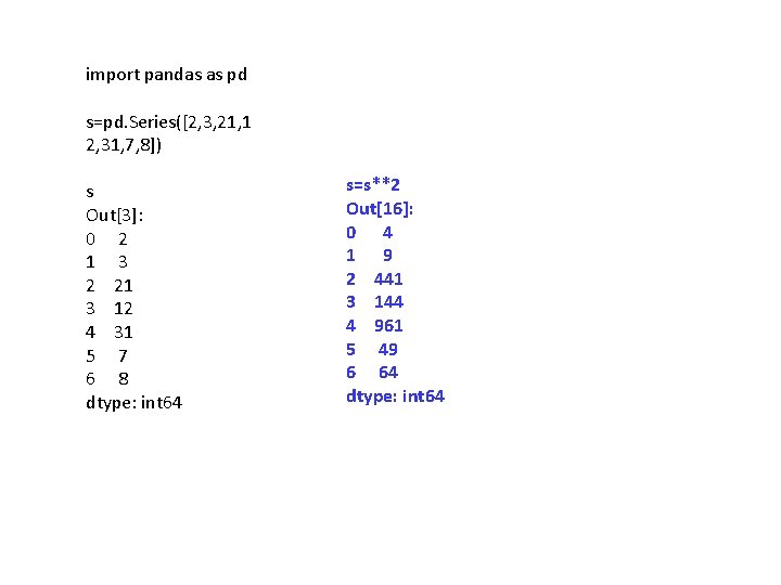 import pandas as pd s=pd. Series([2, 3, 21, 1 2, 31, 7, 8]) s