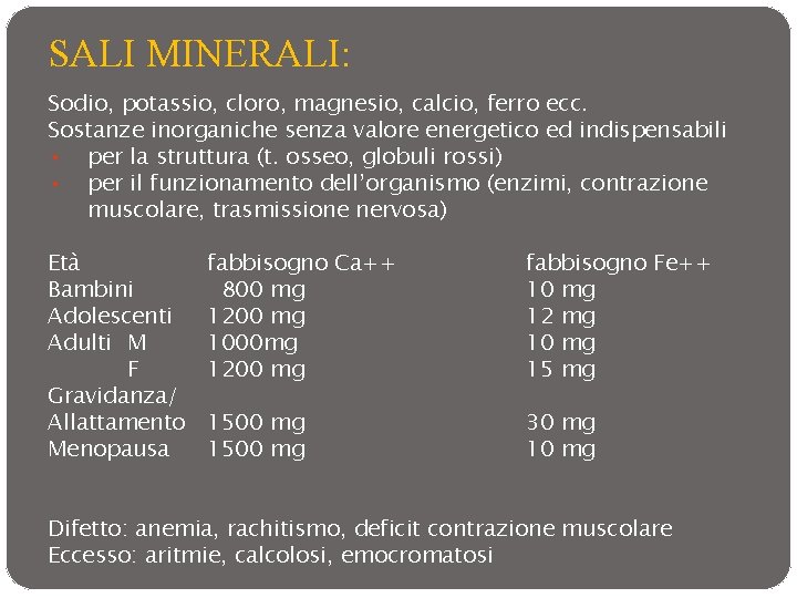 SALI MINERALI: Sodio, potassio, cloro, magnesio, calcio, ferro ecc. Sostanze inorganiche senza valore energetico