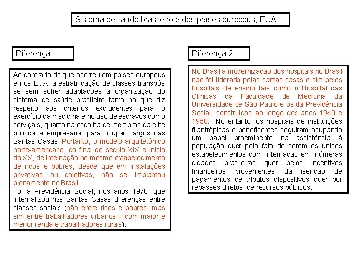 Sistema de saúde brasileiro e dos países europeus, EUA Diferença 1 Ao contrário do