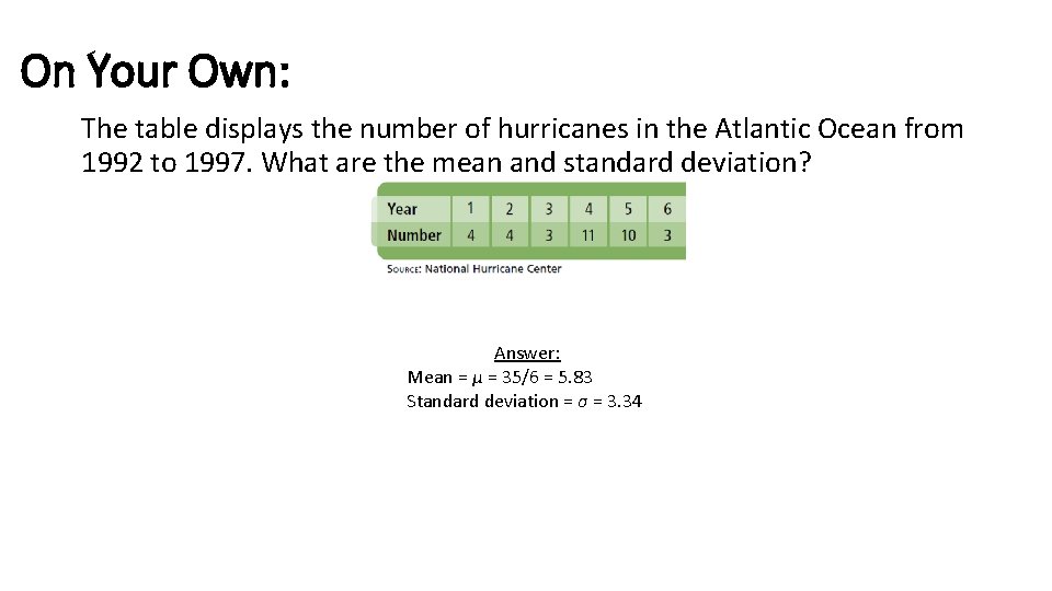 On Your Own: The table displays the number of hurricanes in the Atlantic Ocean On Your Own: The table displays the number of hurricanes in the Atlantic Ocean