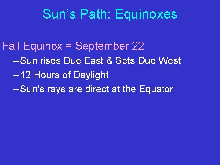 Sun’s Path: Equinoxes Fall Equinox = September 22 – Sun rises Due East &