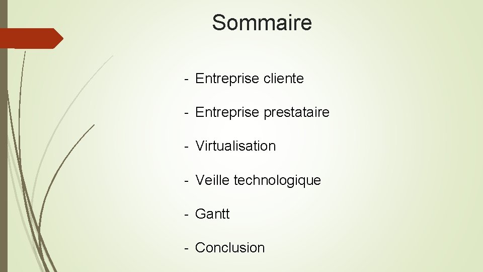 Sommaire - Entreprise cliente - Entreprise prestataire - Virtualisation - Veille technologique - Gantt