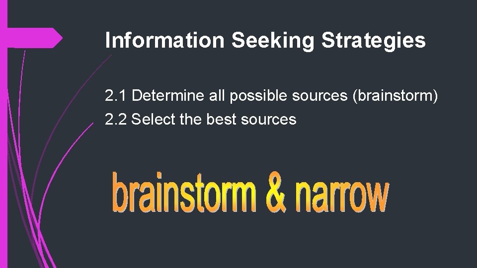 Information Seeking Strategies 2. 1 Determine all possible sources (brainstorm) 2. 2 Select the