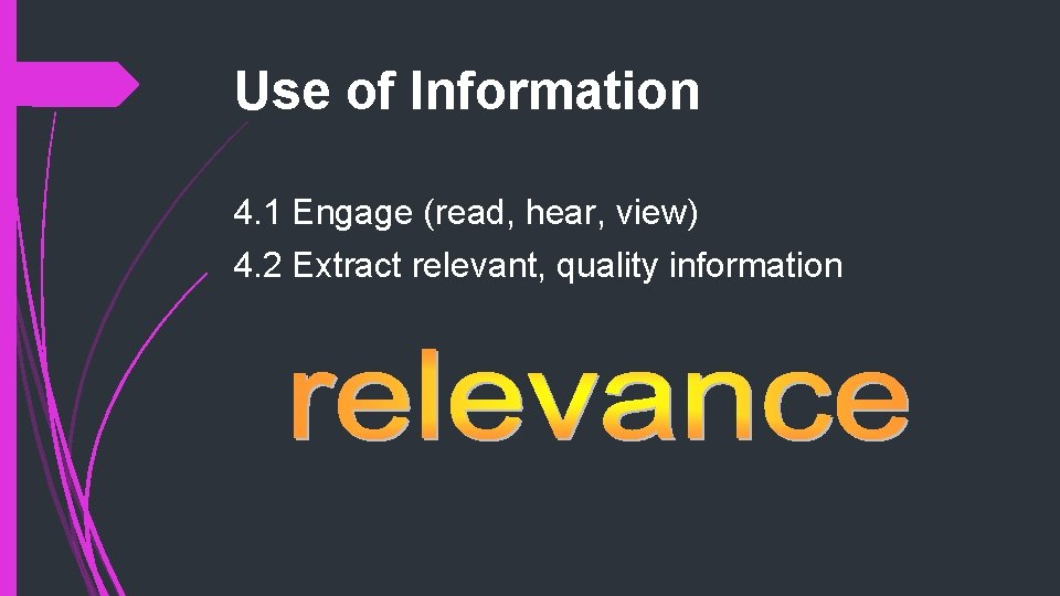 Use of Information 4. 1 Engage (read, hear, view) 4. 2 Extract relevant, quality