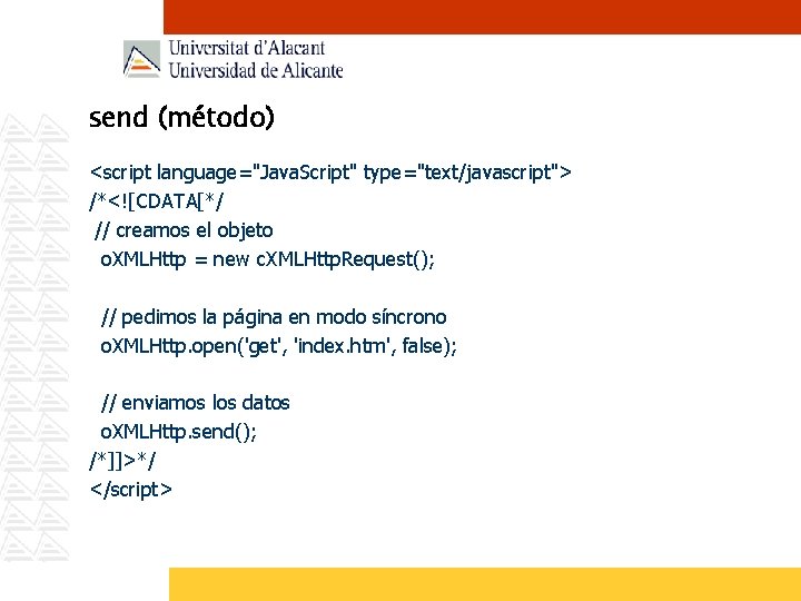 send (método) <script language="Java. Script" type="text/javascript"> /*<![CDATA[*/ // creamos el objeto o. XMLHttp =