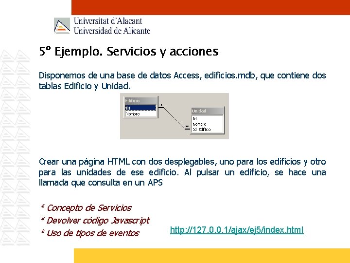 5º Ejemplo. Servicios y acciones Disponemos de una base de datos Access, edificios. mdb,