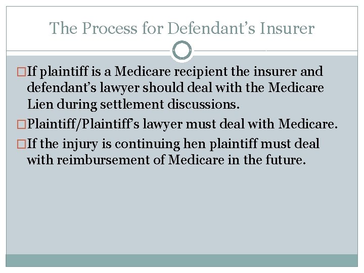 The Process for Defendant’s Insurer �If plaintiff is a Medicare recipient the insurer and