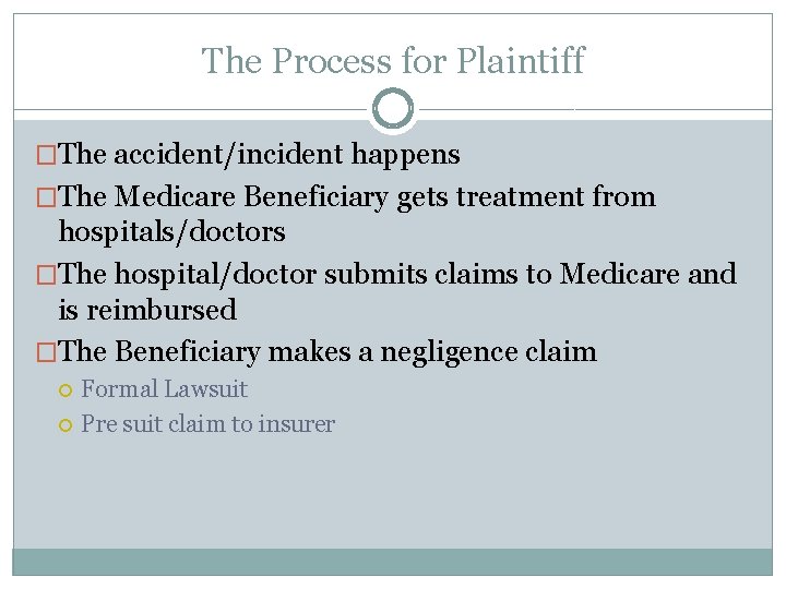 The Process for Plaintiff �The accident/incident happens �The Medicare Beneficiary gets treatment from hospitals/doctors