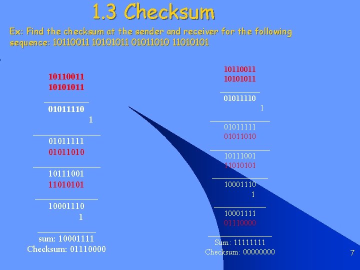 1. 3 Checksum Ex: Find the checksum at the sender and receiver for the