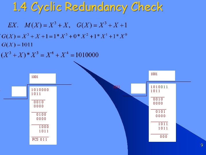 1 1. 4 Cyclic Redundancy Check 1001 1010000 1011 ____ 0010 0000 _____ 0100