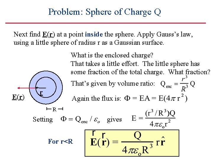 Problem: Sphere of Charge Q Next find E(r) at a point inside the sphere.