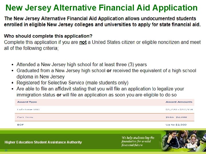 New Jersey Alternative Financial Aid Application Higher Education Student Assistance Authority 20 