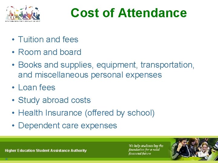 Cost of Attendance • Tuition and fees • Room and board • Books and