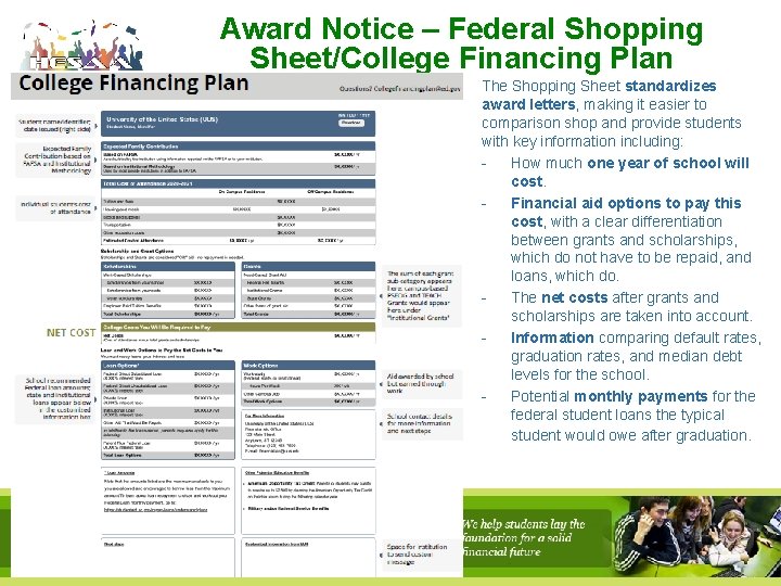 Award Notice – Federal Shopping Sheet/College Financing Plan The Shopping Sheet standardizes award letters,