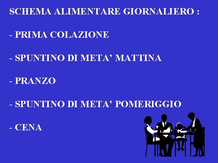 SCHEMA ALIMENTARE GIORNALIERO : - PRIMA COLAZIONE - SPUNTINO DI META’ MATTINA - PRANZO