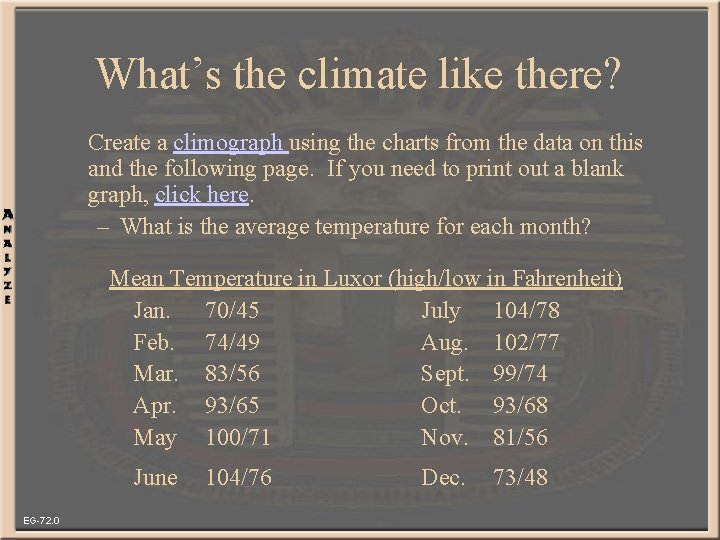 What’s the climate like there? Create a climograph using the charts from the data