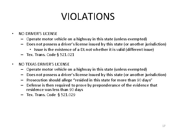 VIOLATIONS • NO DRIVER’S LICENSE – Operate motor vehicle on a highway in this